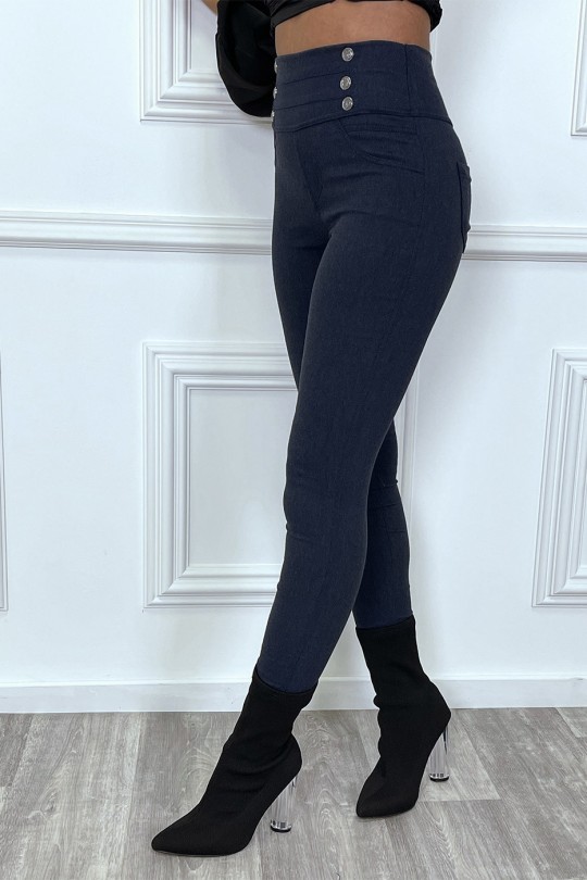 Navy high waist slim pants with buttons at the waist - 5