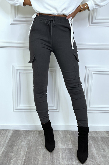 Pantalon cargo anthracite avec poches et cordon à la taille - 4