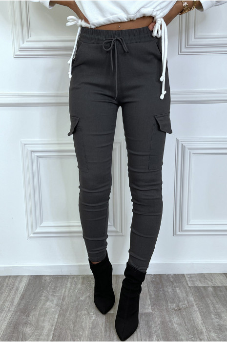 Pantalon cargo anthracite avec poches et cordon à la taille - 6