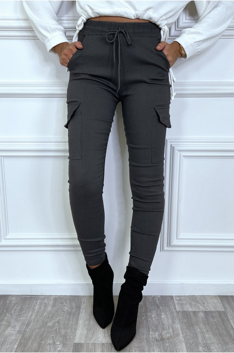 Pantalon cargo anthracite avec poches et cordon à la taille - 7
