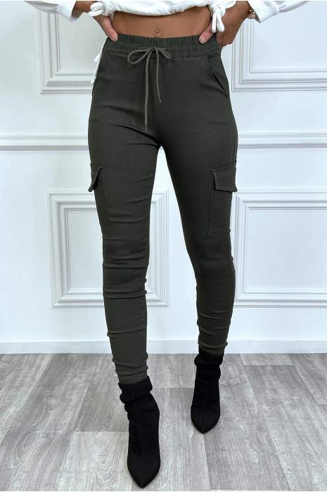 Kaki cargopakkalon met zakken en trekkoord in de taille - 1