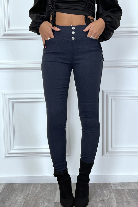 Navy slim pants with 3 buttons and pockets - 1