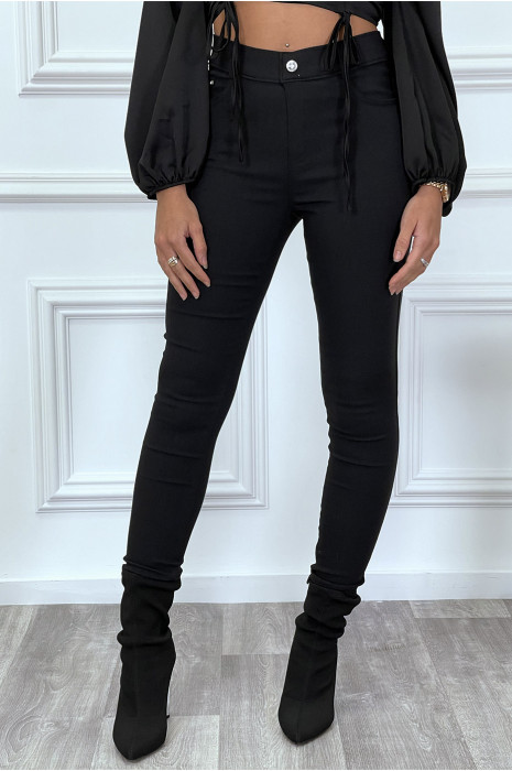 Pantalon slim noir avec poches et boutons avec faux diamant - 1