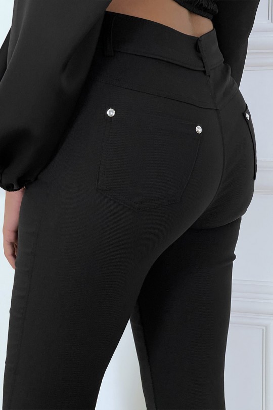 Pantalon slim noir avec poches et boutons avec faux diamant - 8