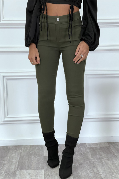 Pantalon slim kaki avec poches et boutons avec faux diamant - 1