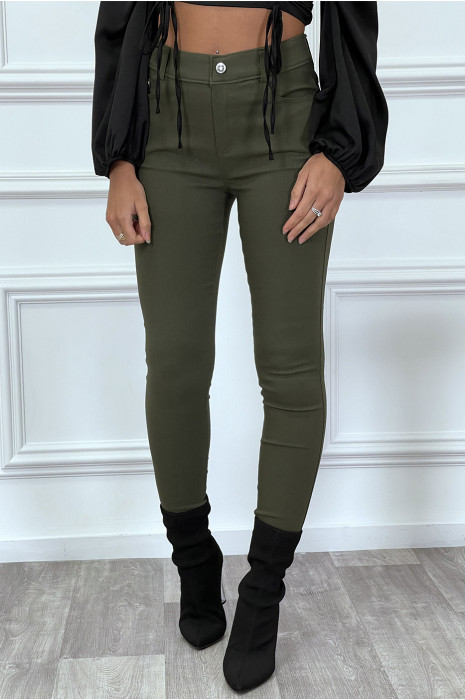 Pantalon slim kaki avec poches et boutons avec faux diamant - 2