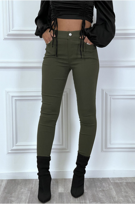 Pantalon slim kaki avec poches et boutons avec faux diamant - 3