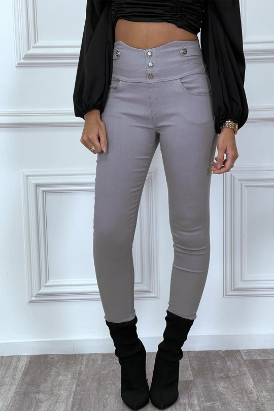 Pantalon slim gris taille haute avec boutons et poches - 3