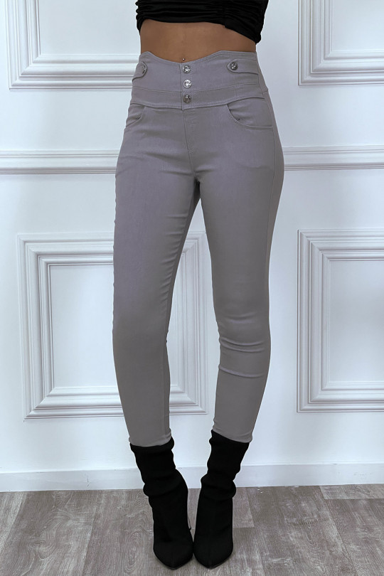 Pantalon slim gris taille haute avec boutons et poches - 4