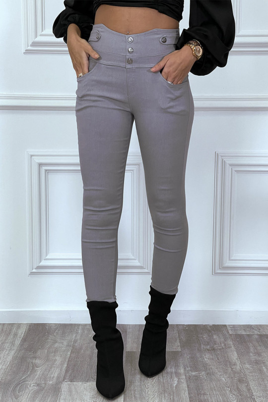 Pantalon slim gris taille haute avec boutons et poches - 6