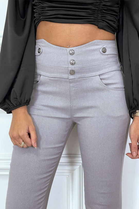 Pantalon slim gris taille haute avec boutons et poches - 9