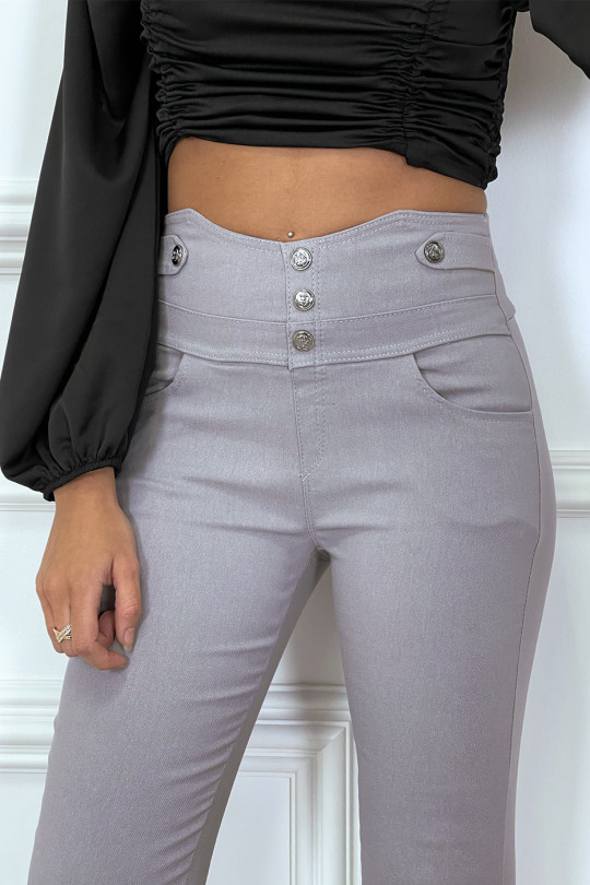 Pantalon slim gris taille haute avec boutons et poches - 10