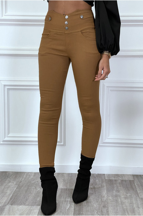 Pantalon slim camel taille haute avec boutons et poches - 3