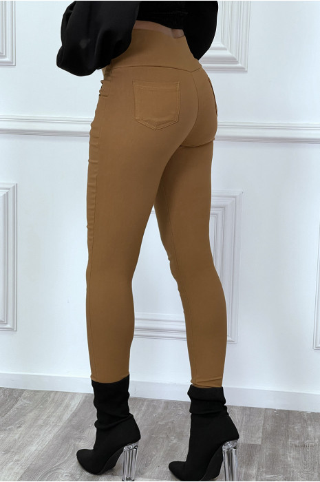 Pantalon slim camel taille haute avec boutons et poches - 5
