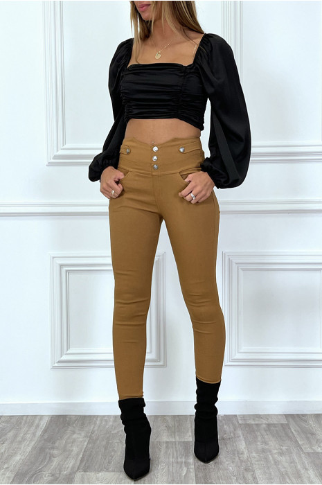 Pantalon slim camel taille haute avec boutons et poches - 9