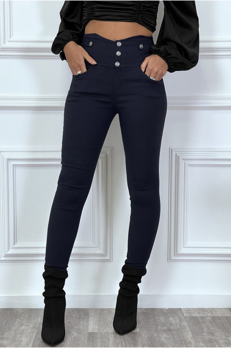 Pantalon slim marine taille haute avec boutons et poches - 1