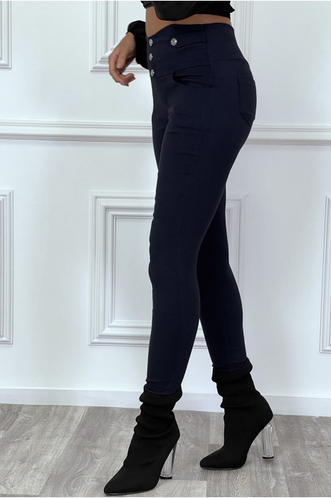 Pantalon slim marine taille haute avec boutons et poches - 3