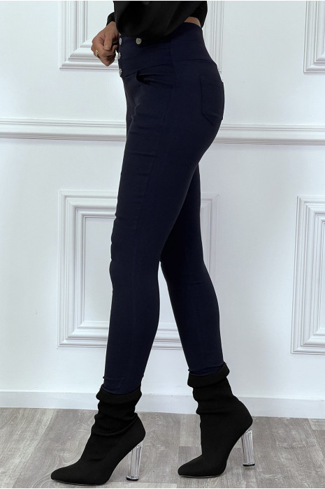Pantalon slim marine taille haute avec boutons et poches - 4