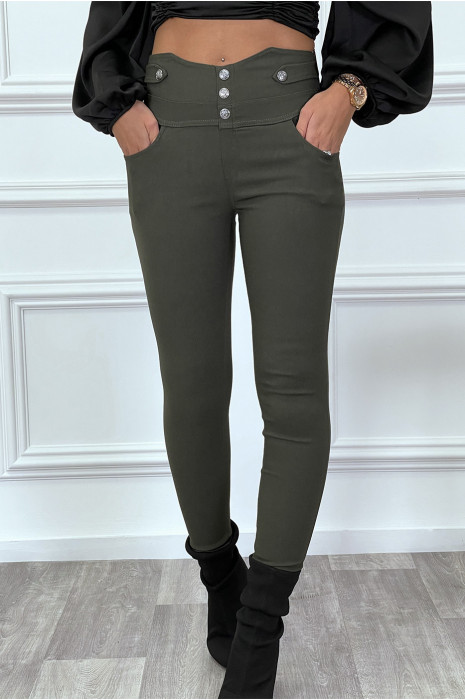 Pantalon slim kaki taille haute avec boutons et poches - 1