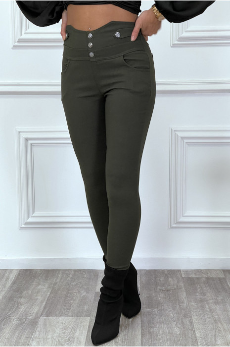Pantalon slim kaki taille haute avec boutons et poches - 3