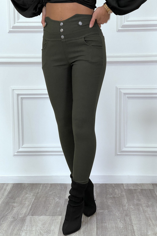 Pantalon slim gris taille haute avec boutons et poches
