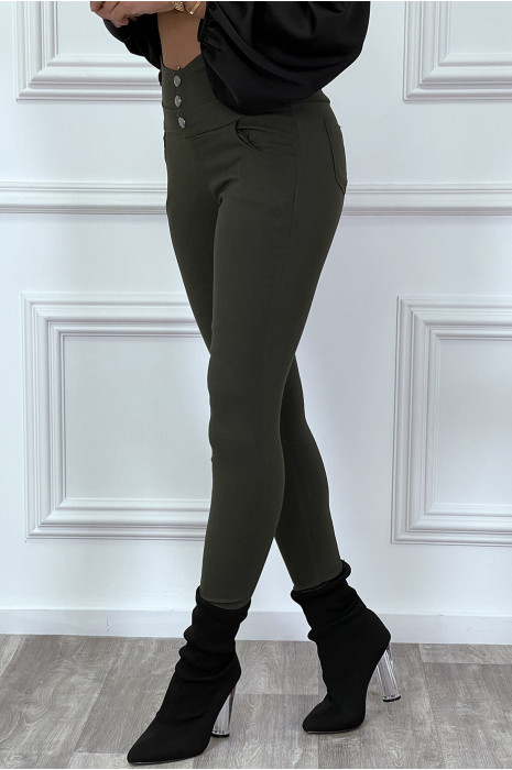 Pantalon slim kaki taille haute avec boutons et poches - 6