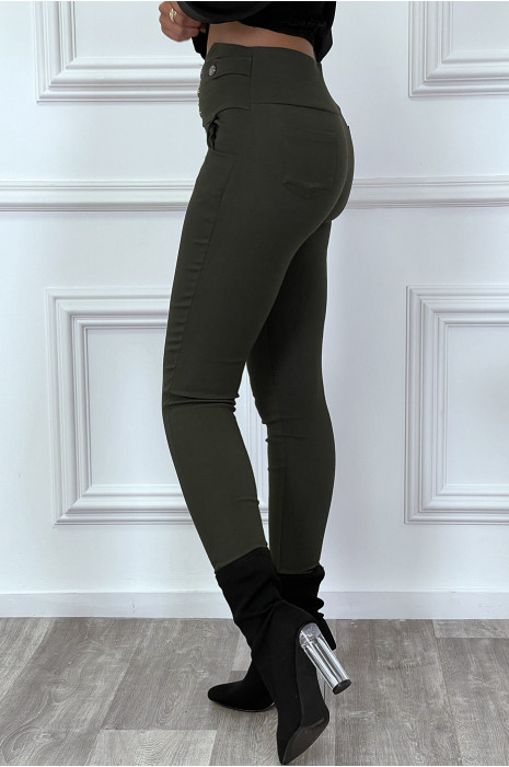 Pantalon slim kaki taille haute avec boutons et poches - 7