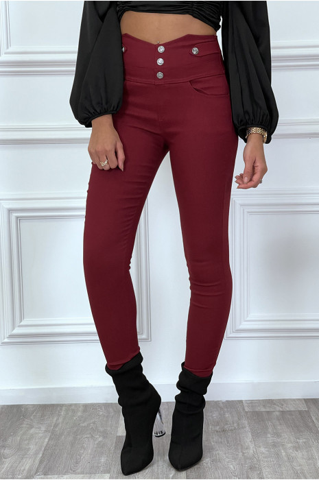 Pantalon slim bordeaux taille haute avec boutons et poches - 3