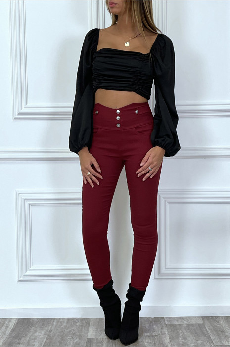 Pantalon slim bordeaux taille haute avec boutons et poches - 4