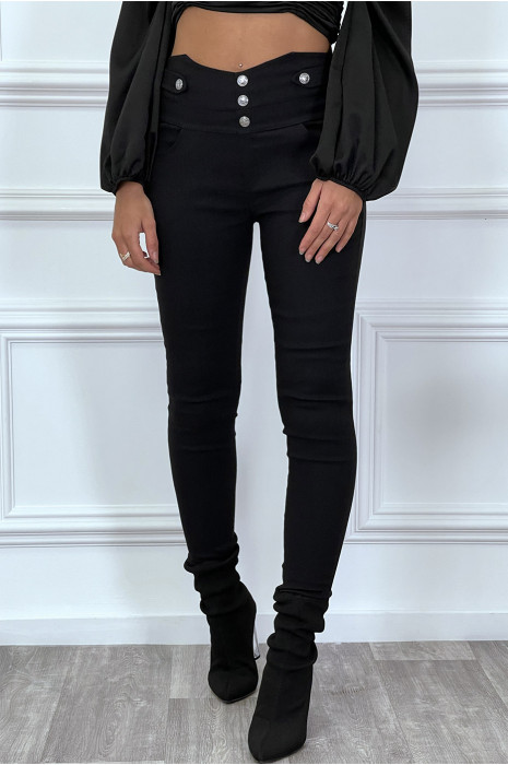 Pantalon slim noir taille haute avec boutons et poches - 2