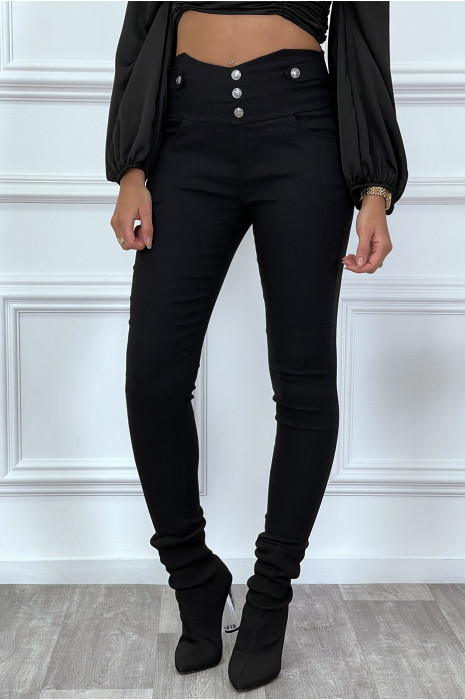 Pantalon slim noir taille haute avec boutons et poches - 3