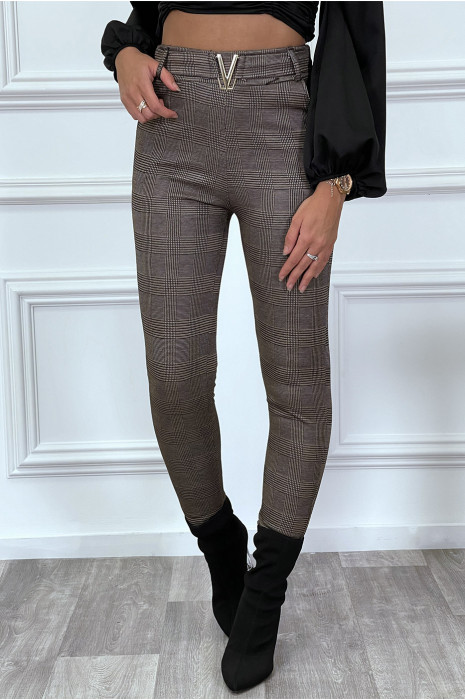 Smalle taupe geruite broek met V-riem - 1