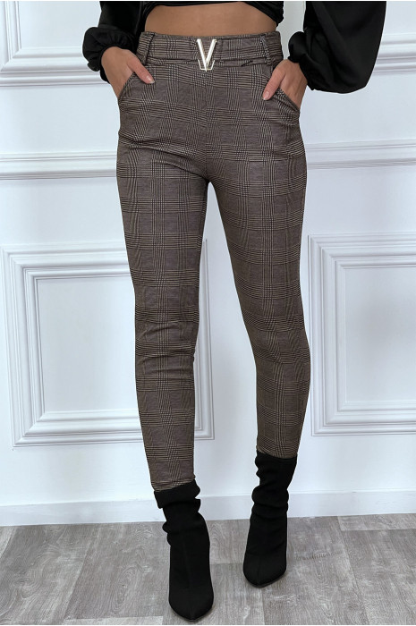 Slim taupe checked trousers with V belt accessory - 2