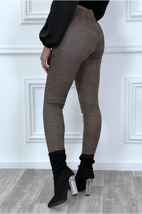 Smalle taupe geruite broek met V-riem - 4