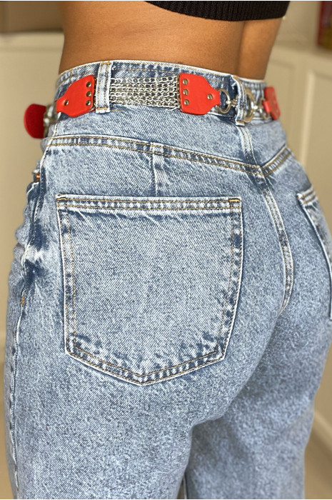 Rode imitatieleren riem met eiken en zilveren accessoire - 6