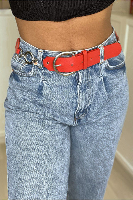 Red faux leather belt with oak and silver accessory - 7