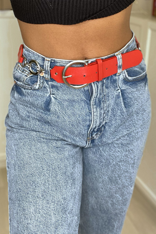 Red faux leather belt with oak and silver accessory - 7