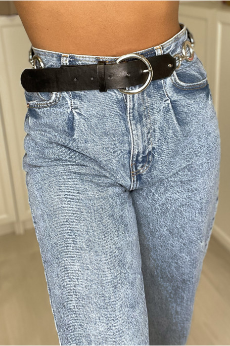 Ceinture noire en simili avec chêne et accessoire argenté - 12