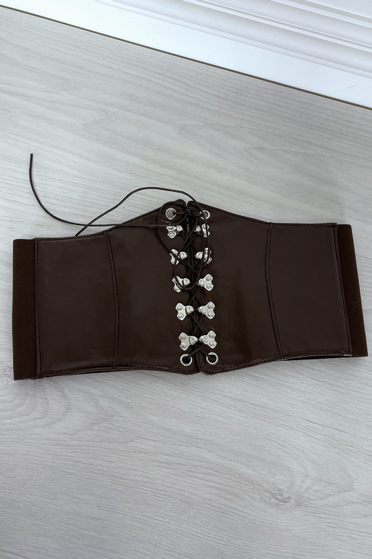Brown corset style belt with lace at the front and snap on the back - 1