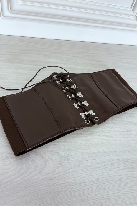 Brown corset style belt with lace at the front and snap on the back - 2