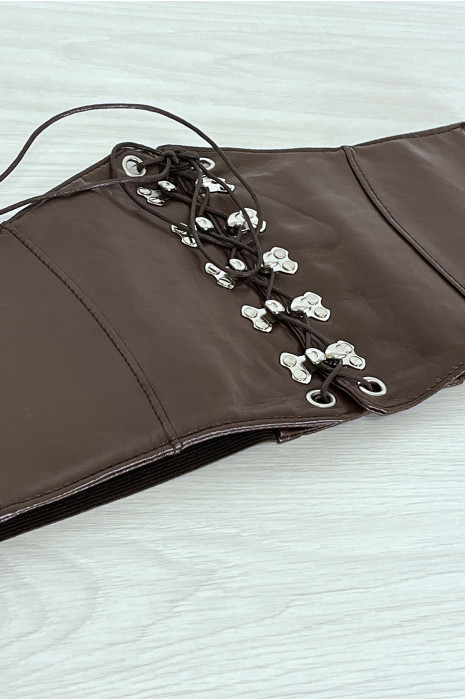 Brown corset style belt with lace at the front and snap on the back - 3