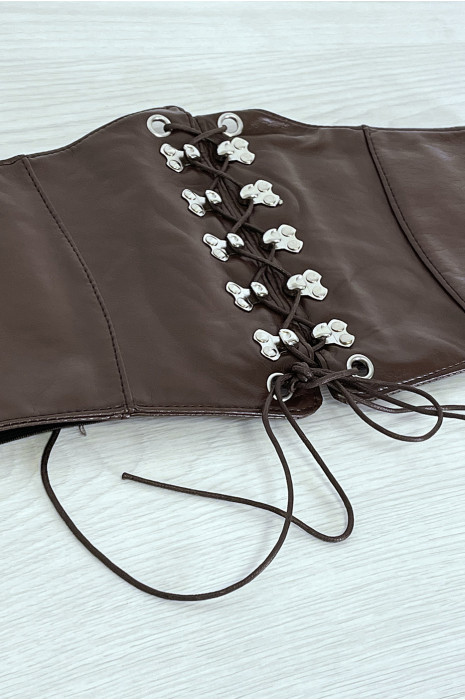 Bruine corset-stijl riem met kant aan de voorkant en drukknoop op de achterkant - 4
