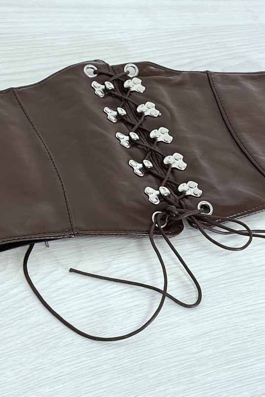 Brown corset style belt with lace at the front and snap on the back - 4