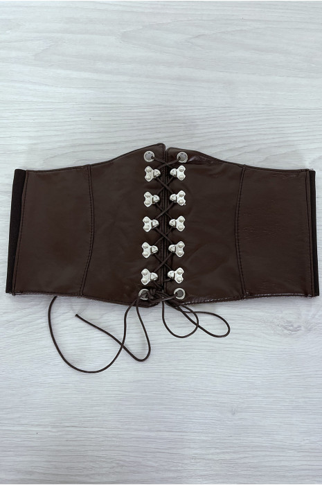 Ceinture marron style corset à lacet à l'avant et pression au dos - 5
