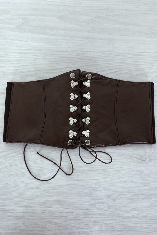 Brown corset style belt with lace at the front and snap on the back - 5