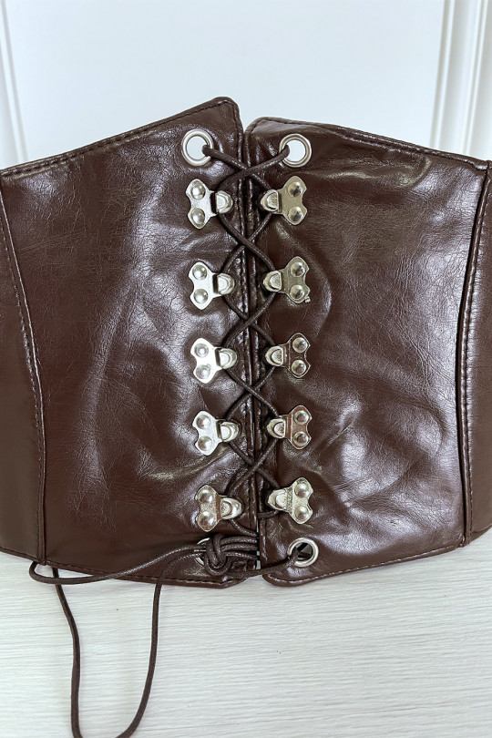 Brown corset style belt with lace at the front and snap on the back - 8