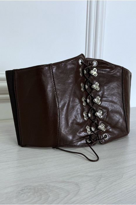 Ceinture marron style corset à lacet à l'avant et pression au dos - 9