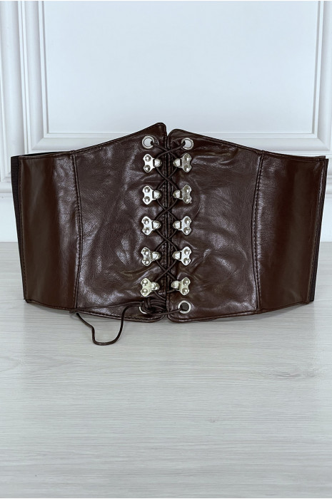 Brown corset style belt with lace at the front and snap on the back - 11