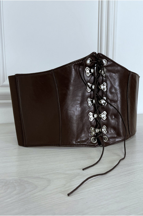 Bruine corset-stijl riem met kant aan de voorkant en drukknoop op de achterkant - 16