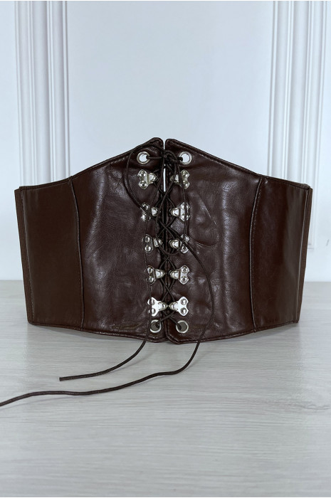 Bruine corset-stijl riem met kant aan de voorkant en drukknoop op de achterkant - 18